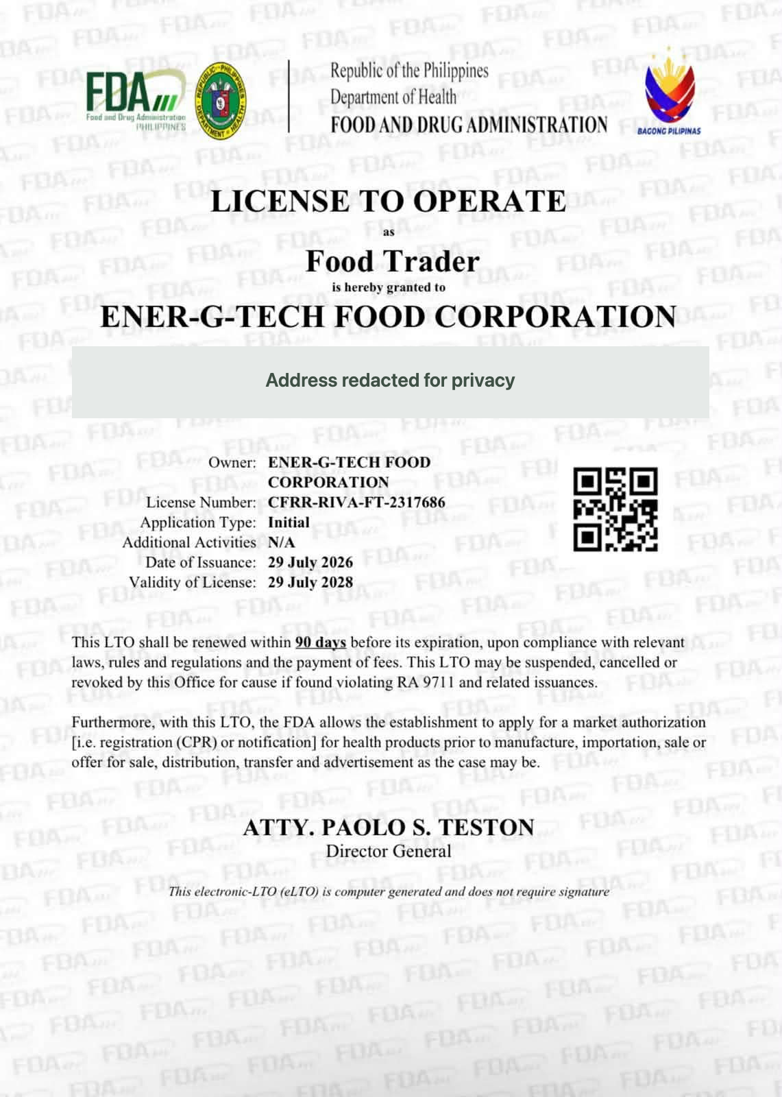 Redacted FDA License to Operate for ENER-G-TECH Food Corporation